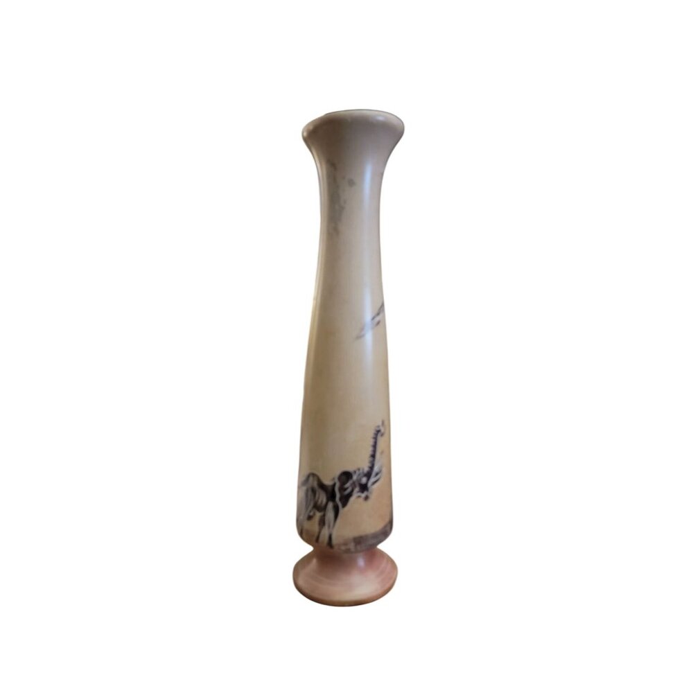 Hand-Carved Soapstone Vase w/ Elephant & Tree Motif | Pink & Beige | ~7" - Picture 2 of 7